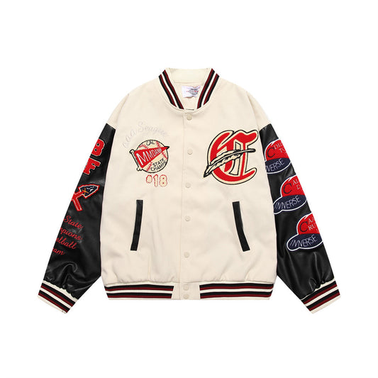Color Contrast Patchwork PU Leather Sleeve Machine Embroidery Letter Baseball Uniform Jacket - 0 - Hoods & Jack
