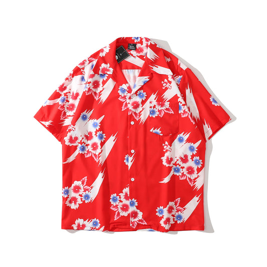 Hawaiian Red Beach Flower Loose Short Shirt - 0 - Hoods & Jack