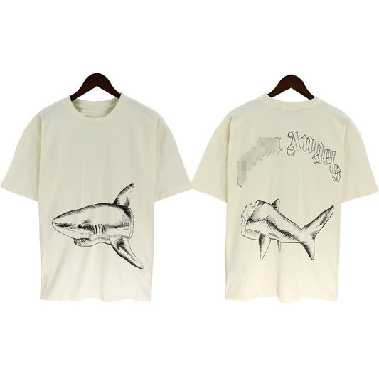 Shark Print Short Sleeve Trendy Men New Cotton T-shirt Cut Two Shark Loose T-shirt - 0 - Hoods & Jack